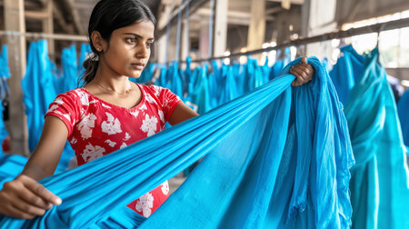 Young Indian woman checking quality of blue fabrics in textile factoryの素材