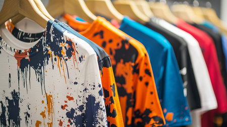 Colorful splatter t-shirts hanging on wooden hangers in fashion trend displayの素材
