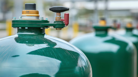 Industrial gas tanks safety valve in focus at factory siteの素材
