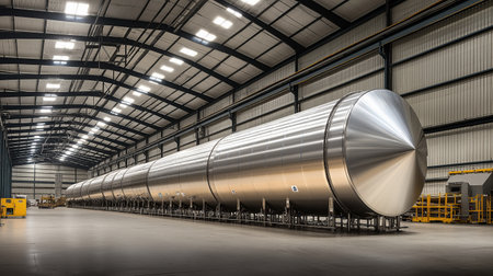 Large industrial metal tanks in warehouse with high ceiling lightingの素材