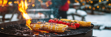 Grilled corn and tomatoes on outdoor bbq with warm lights in snowy winter settingの素材