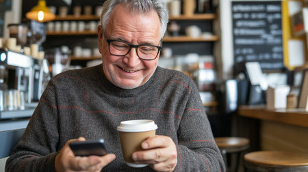 Smiling senior man enjoying coffee and smartphone in cozy cafe settingの素材