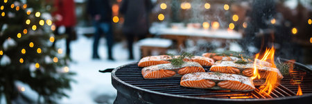 Grilled salmon in winter wonderland setting with festive lights and cozy ambianceの素材