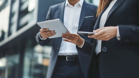 Business professionals discussing strategy with digital devices outdoorsの素材