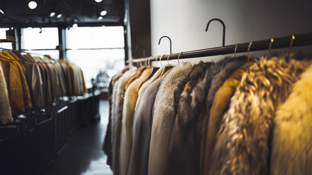 Luxury fashion boutique displaying exquisite fur coats in elegant retail settingの素材