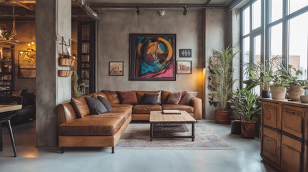 Cozy industrial living room with leather sofa and modern art decorの素材