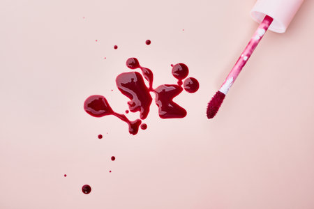 Liquid lipstick spill - bold red makeup on soft pink background for beauty conceptsの写真素材