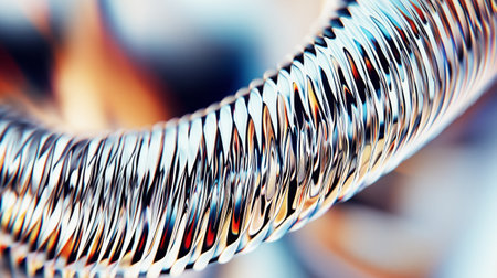 Close-up of twisted metallic coil with vibrant background highlightsの素材