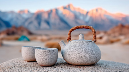 Ceramic teapot and cups on stone surface with mountain view at sunsetの素材