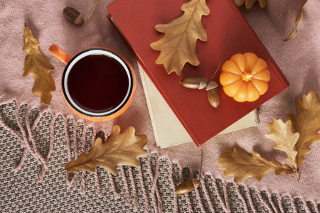 Autumn coziness with cup of tea and books on pink plaid and oak leavesの写真素材