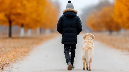 Person walking dog on autumn path with vibrant orange treesの素材