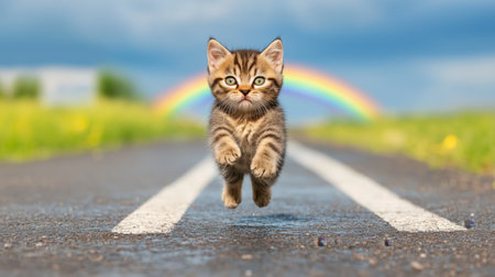 Energetic kitten running on road with vibrant rainbow in backgroundの素材