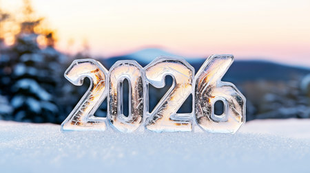 Icy 2026 numbers in winter landscape during sunsetの素材