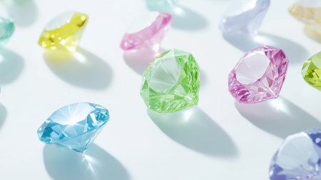 Colorful gemstones reflecting light in various vibrant colors on white surfaceの素材