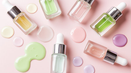 Colorful cosmetic serum bottles and drops on pink backgroundの素材