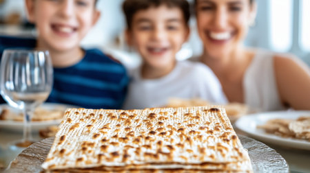 Family enjoying passover with traditional matzo bread on dining tableの素材