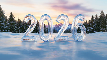 Glass 2026 sculpture in snowy landscape with sunrise and pine treesの素材