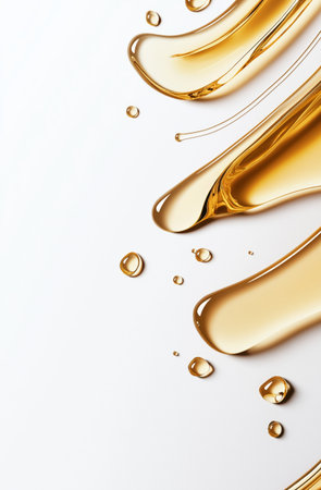 Golden liquid droplets on smooth white surface with flowing curvesの素材