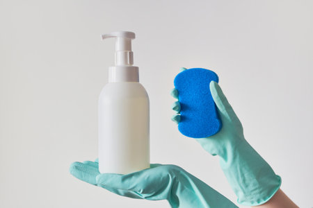Person wearing protective gloves holding white soap dispenser and blue scrubbing sponge