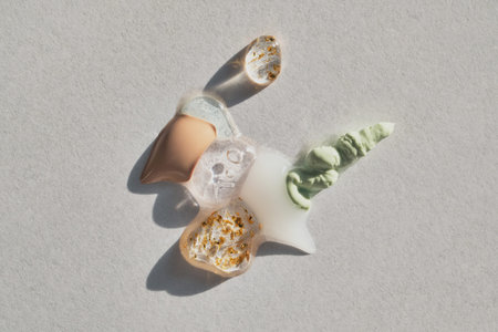 Various textures of skincare and beauty products creating abstract swatches with sparkling gold