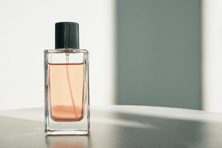 Perfume bottle standing on minimalistic surface with light and shadow