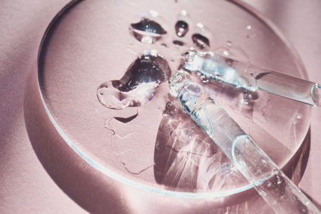 Cosmetic liquid drops and glass pipettes creating scientific aesthetic