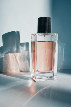 Elegant glass perfume bottle standing on table with beautiful caustic light effects