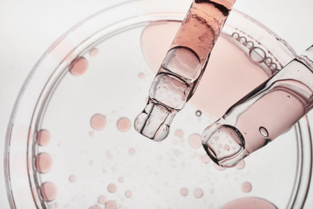 Dropper pipettes dispensing pink liquid and oil drops into clear petri dish