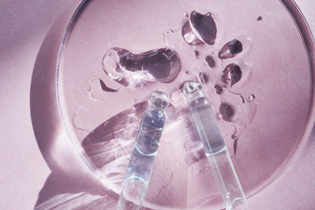 Cosmetic liquid gel drops and pipettes in laboratory petri dish for beauty product testing