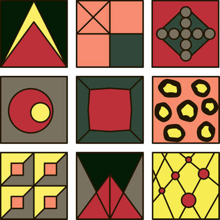 Design abstract vector set with simple lines and shapes in red green pink yellow gray color. Geometric shapes illustration vector graphic design for web art, cards invitation, posters, prints, textileのイラスト素材