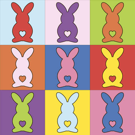 Happy easter colorful pattern. Easter rabbits on colored squares background. Design vector illustrationのイラスト素材