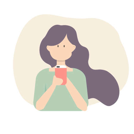young woman looking at phone. The girl is holding a smartphone. Browsing social media on mobile. Vector illustration in flat style.のイラスト素材