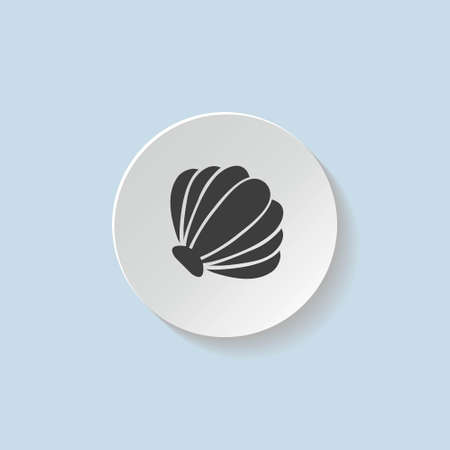 Sea shell silhouette on paper cut button icon isolated on blue background. White flat round button...