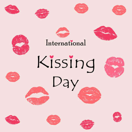 International World kissing day holiday. Cute lettering with pink lipstick kiss and hearts on pink background. Template for poster, banner, sticker.のイラスト素材