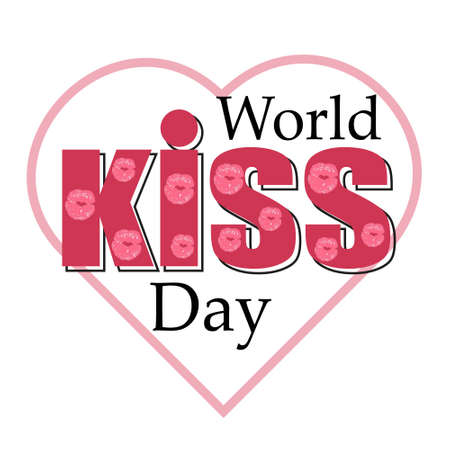 International world kiss day holiday. Lettering with pink lipstick kiss and pink heart on white background. Template for typography poster, banner, sticker, surface textures.のイラスト素材