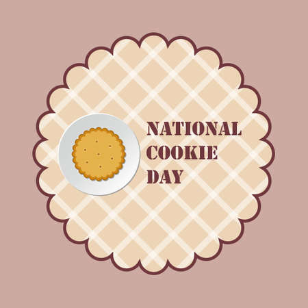 National Cookie Day. american food holiday. Biscuit on plate and lettering in wavy frame on beige background. modern design poster. vector illustration.のイラスト素材