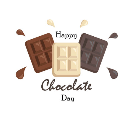 World chocolate day greeting card. Holiday poster with three bars of white, milk and dark bitter chocolate and lettering typography word. vector illustration.のイラスト素材