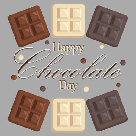 World chocolate day greeting card. Holiday poster with bars of white, milk and dark bitter chocolate and lettering typography word. vector illustration.のイラスト素材