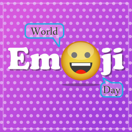 World emoji day art poster. Greeting design card template with yellow smile emoji and cute lettering on gradient background. vector illustration.のイラスト素材