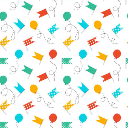 Happy birthday seamless pattern. Hand drawn colorful doodle balloons and flags on white background. Holiday design for party wallpaper.のイラスト素材