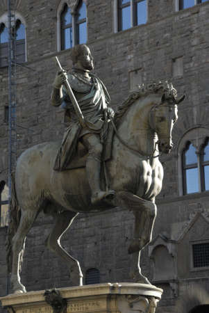 Florence, Piazzadella Signoria, the equestrian statue of Cosimo I , Grand Duke of Tuscanyの写真素材