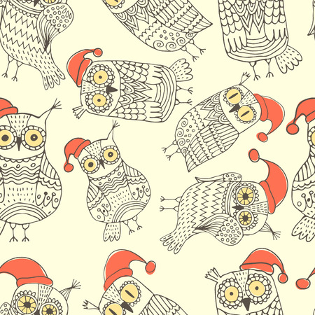 Vector seamless pattern with cute owlsのイラスト素材