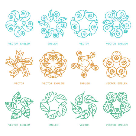 Set of gold vintage vector frames in linear style. Vector emblems, badges, hipster logo templates. Perfect for retro invitations and greeting cardsのイラスト素材