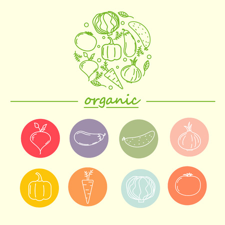 Vector logo design template with vegetable icons in trendy linear style - abstract emblem for organic shop, healthy food store or vegetarian cafeのイラスト素材