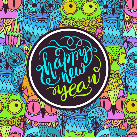Happy New Year Greeting card with owls . Vector illustration.のイラスト素材