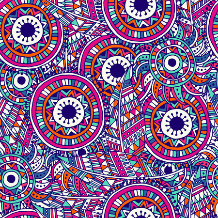 EthnPattern of dream catcher and feathers. Ethnic seamless pattern in native style. Bright colored feathers and beads on white background. Vector decorative elements hippieic seamless pattern with feathers and circles.のイラスト素材
