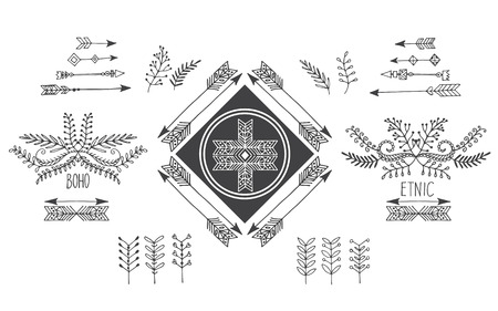 Set of creative Boho style Frames mady by Ethnic. Feathers, Arrows and Floral Elements with space for your text.のイラスト素材