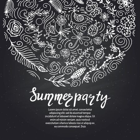 A bright circle with a summer ornament. Flowers, bugs, dragonfly, cloud. Element for your design.のイラスト素材