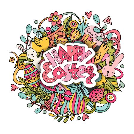 Cartoon vector hand drawn Doodle Happy Easter illustration.のイラスト素材