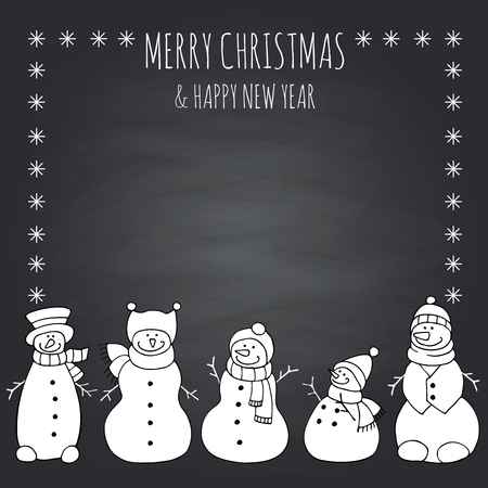 Vector illustration of funny snowmen on a black board.のイラスト素材